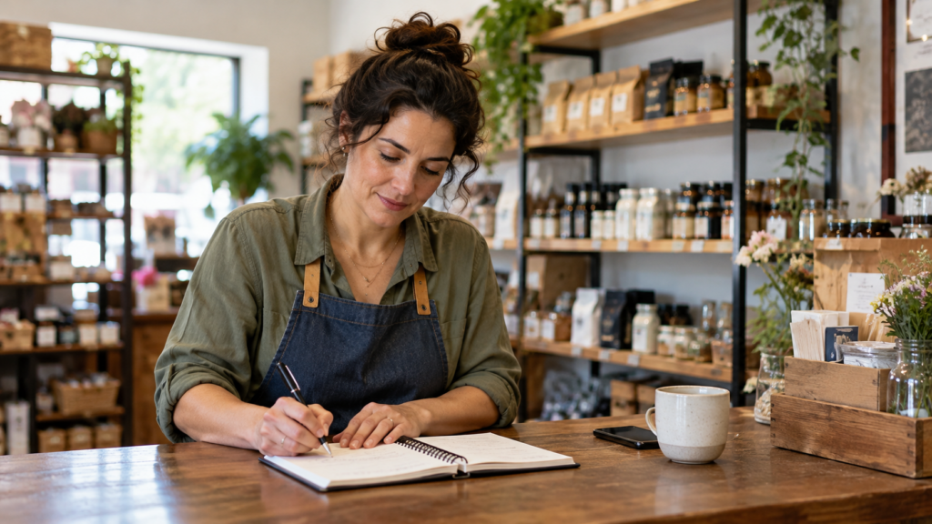 A small shop owner planning the week in a notebook at the counter