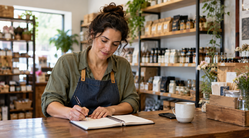 A small shop owner planning the week in a notebook at the counter