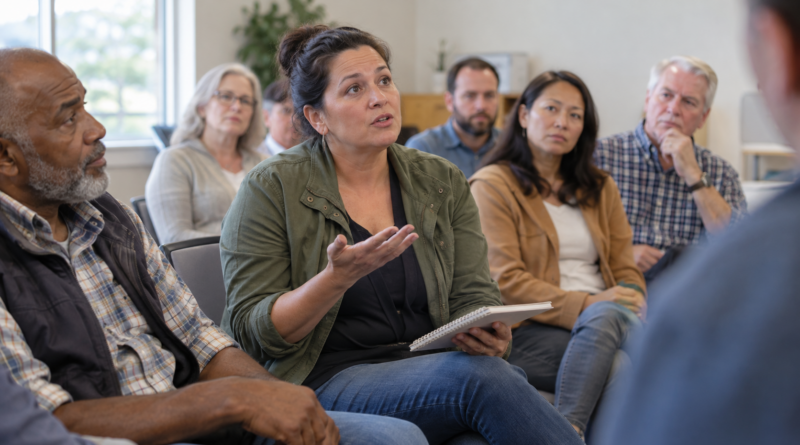 A resident with a notebook asking a question at a community meeting