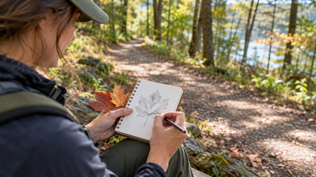 A walker sketching autumn leaves in a nature notebook beside a wooded trail