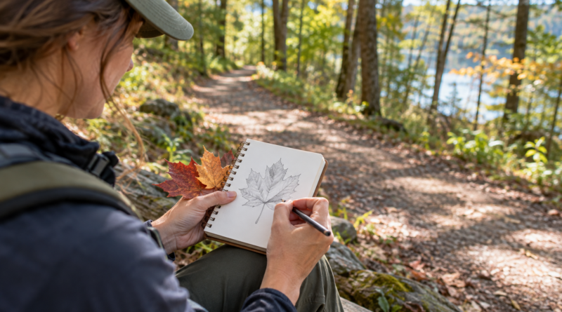 A walker sketching autumn leaves in a nature notebook beside a wooded trail