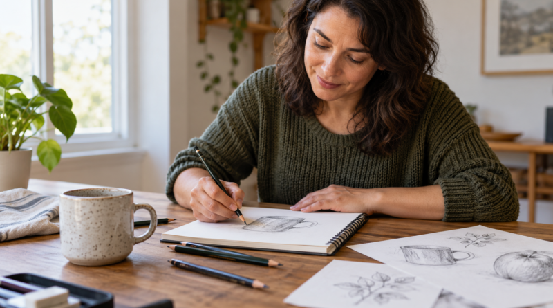 A woman practising drawing a mug in a sketchbook