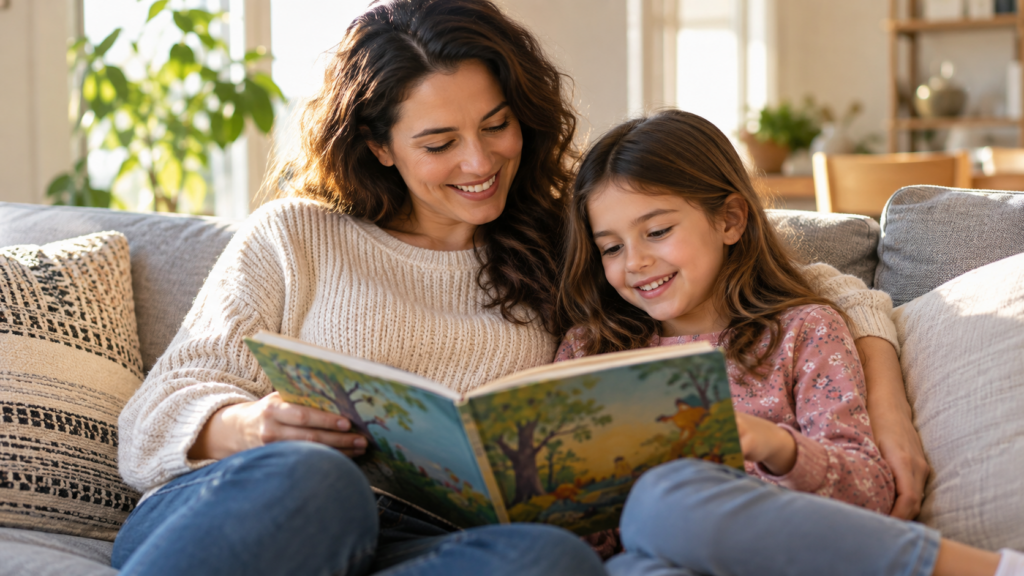 A parent and child reading an illustrated book together on a sofa