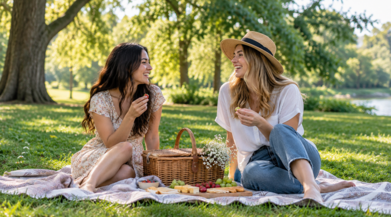 Two friends enjoying a picnic under leafy trees in a park