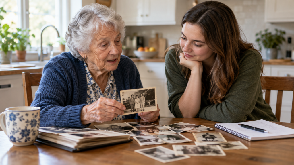 An older woman sharing memories and family photographs with a younger woman