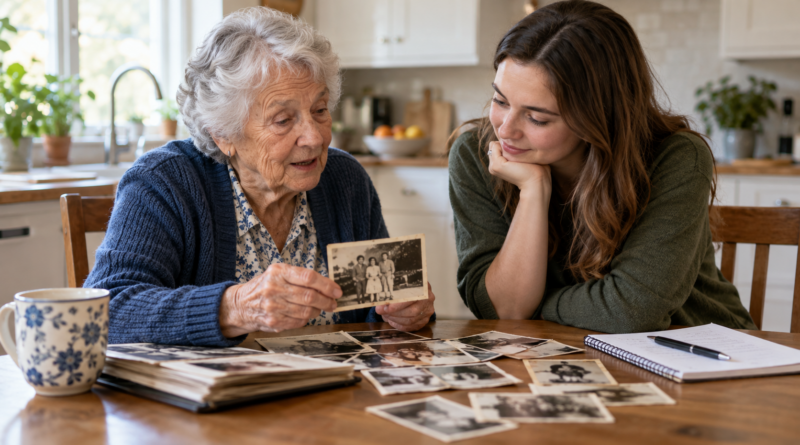 An older woman sharing memories and family photographs with a younger woman