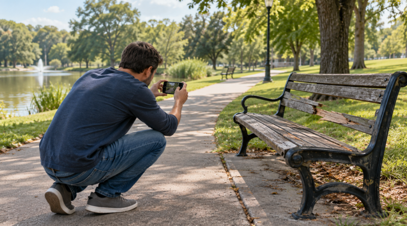 A person photographing a damaged bench beside a park path