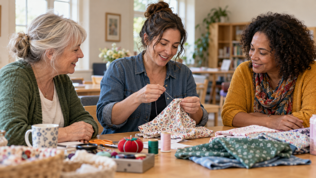 Neighbours sharing sewing skills around a community table