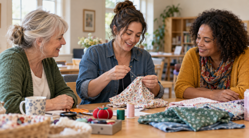 Neighbours sharing sewing skills around a community table