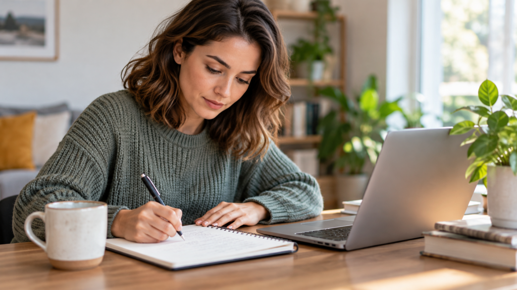 A woman writing resume notes beside a laptop at home