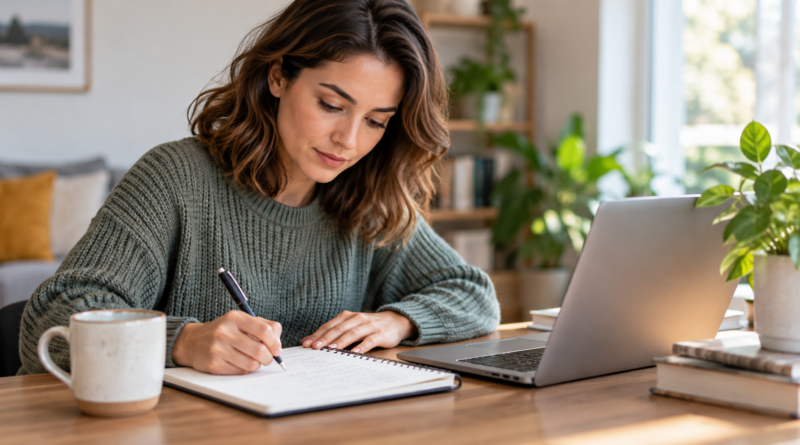 A woman writing resume notes beside a laptop at home